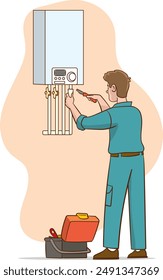 Plumber worker cartoon character in uniform repairing broken gas boiler water heater with tools