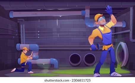 Plumber worker man repair pipe near water leak. Repairman plumbing home sewerage pipeline underground vector illustration. Technician maintenance team with hammer and wrench equipment and uniform