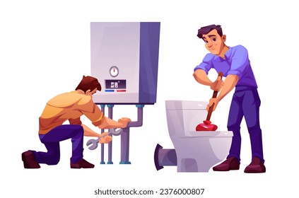 Plumber worker repair toilet and boiler home maintenance illustration set. Technician house service character installation or renovation bathroom. Housework assistance workman fix heater pipeline