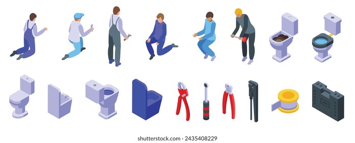 Plumber worker repair toilet icons set isometric vector. Escape fixing. Service sewage