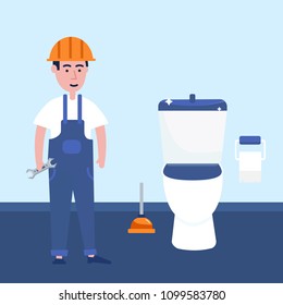 Plumber worker in toilet repair faucet. Friendly worker design, professional handyman