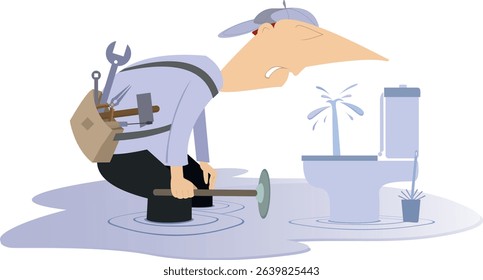 Plumber worker, toilet repair, water plumbing. Cartoon plumber man cleaning sewage clog in toilet with plumbing work tools	