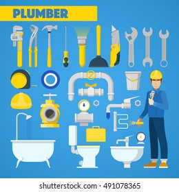 Plumber Worker with Tools Set and Bathroom Elements. Vector Icons