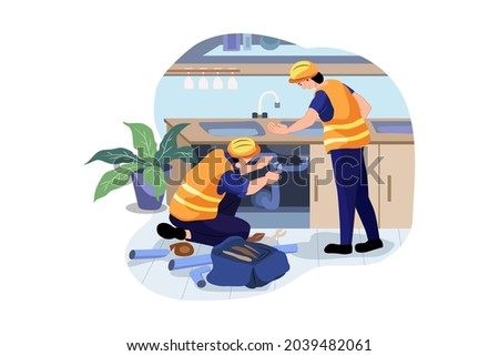 Plumber workers working in the home Illustration concept. Flat illustration isolated on white background.