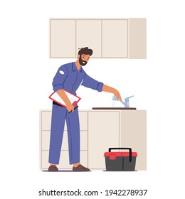 Plumber Working Concept. Handyman Character in Blue Overalls Fixing Broken Sink at Home Kitchen. Husband for an Hour Repair Service, Call Master Fix Sanitary Plumbing Work. Cartoon Vector Illustration