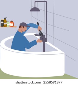 Plumber working on faucet installation, adjusting plumbing fittings. Professional worker installing tap in home washroom. Flat vector illustration hand drawn.