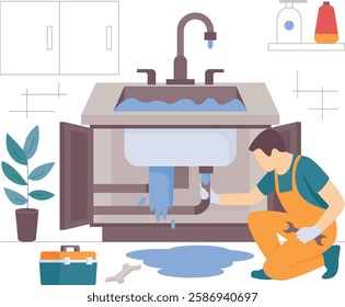 Plumber working under overflowing Kitchen sink Cabinet concept, Replacing Leaky Vanity counter vector design, plumbing worker banner, Handyman Services scene, HVAC technician Stock illustration