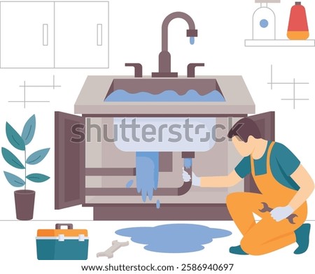Plumber working under overflowing Kitchen sink Cabinet concept, Replacing Leaky Vanity counter vector design, plumbing worker banner, Handyman Services scene, HVAC technician Stock illustration