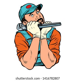 plumber with wrench dreamer thinks. isolate on white background. Pop art retro vector illustration vintage kitsch