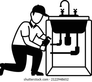 Plumber with Wrench and Fixing Kitchen Faucet Concept Vector Icon Design, Plumber equipment Symbol, Handyman Service Works Sign, Sanitary technician Stock illustration