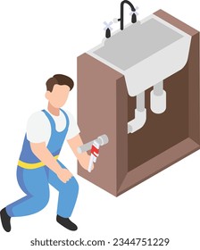 Plumber with Wrench and Fixing Kitchen Faucet Concept Vector Icon Design, Plumber equipment Symbol, Handyman Service Works Sign, Sanitary technician Stock illustration