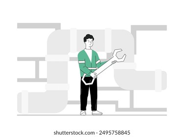 Plumber with wrench. Man in uniform with construction tool near pipes. Repairman and worker fix problems in house. Repairing and construction. Linear vector illustration isolated on white background