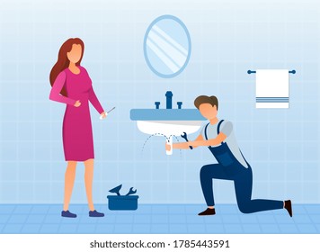 El fontanero con una llave desmonta un bloqueo en la tubería debajo del lavabo en el baño. Concepto de servicio de fontanería. Ilustración vectorial plana.