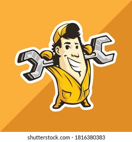 Plumber/mechanic man carries a spanner on his hand. logo . vector illustration	