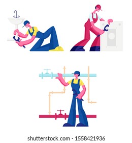 Plumbers Call Master Repair Service Set Isolated on White Background. Professional Workers Fixing Broken Sanitary and Pipes System at Home Handyman Husband for an Hour. Flat Vector Illustration