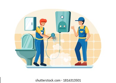 Plumbers are checking if the water heater is still working well.