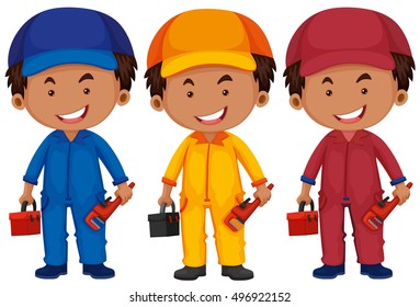Plumbers in different color uniform illustration