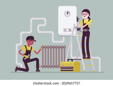 Plumbers doing inspection of plumbing work, pipe and radiator installing. Professional service technicians checking water heater installation, balancing radiator heating system. Vector illustration