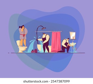 Plumbers fixing leaky pipes in customers bathroom. Frightened woman talking to mobile phone. Vector illustration for plumbing, emergency, house flooding concept