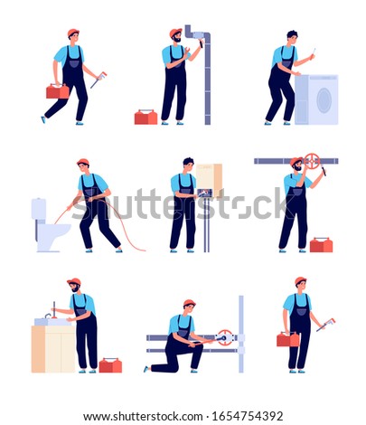 Plumbers. Fixing plumbing, house heating equipment repair and pipes. Water service installing and supply. Isolated handymans vector set