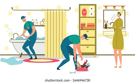 Grupo de fontaneros reparando baño en baño. Mujer en proceso de observación de Bath Robe y Turban. Trabajadores en Overalls, Marido en una Hora, Maestros ayudan con las Tecnologías rotas. Ilustración de vectores planos de caricaturas