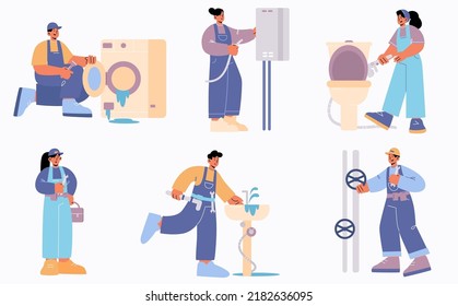Plumbers and handymen repair broken plumbing and technics sink, leakage, toilet bowl, heater, washing machine and pipes. Call masters service staff fix home appliances, Cartoon vector illustration