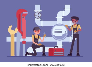 Plumbers or inspector of plumbing service, water counting meter installation. Calibration, maintenance, professional technicians checking pipeline, measurement of flowmeter device. Vector illustration