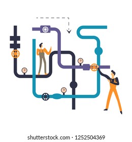 Plumbers professional workmen dealing with pipeline system of house vector service of experts people with tools and instruments working with construction and pressure glass devices with scale.