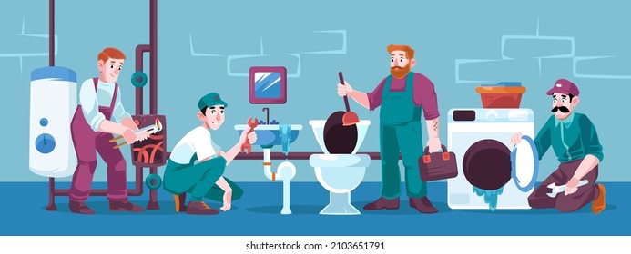 Plumbers repair broken plumbing and technics sink, leakage, toilet bowl, heater, washing machine and pipes. Handymen service, call masters with tools fix home appliances, Cartoon vector illustration