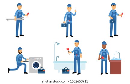 Plumbers Service In Daily Work Of Repairing Water Supplies Vector Illustration Set Isolated On White Background