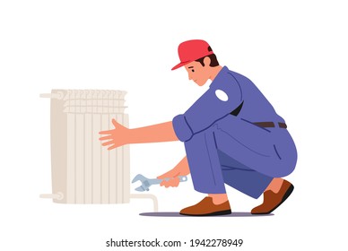 Plumbers Service, Heating Pipes Replacement. Worker Character with Spanner Tools Repairing, Installing House Heating Pipeline Tubes. Water Heating, Pipe Plumbing Fixing. Cartoon Vector Illustration