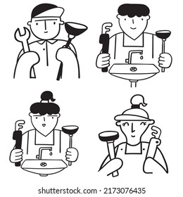 Plumbers. Set of outline icons. Hand drawn simple illustrations.