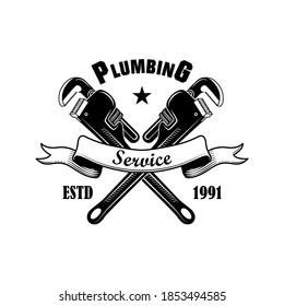 Plumbers spanners vector illustration. Crossed adjustable wrenches and service text on ribbon. Plumbing or job concept for emblems and labels templates