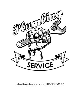 Plumbers tools vector illustration. Human fist clenching adjustable wrench, power gesture and service text. Plumbing or job concept for emblems and labels templates