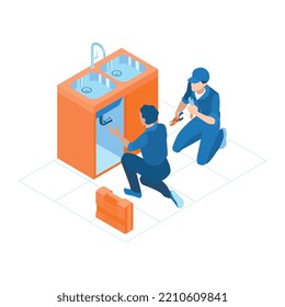 Plomeros con fregadero de fijación uniforme Ilustración vectorial isométrica 3d