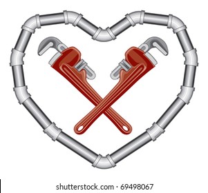 Plumbers Valentine is and illustration of crossed pipe wrenches inside a heart made of pipe. Two color art can be easily edited or separated for print or screen print.