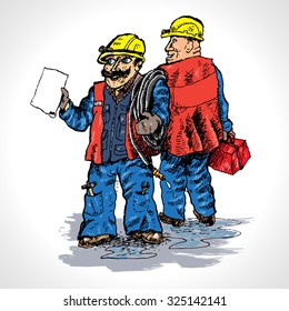 Plumbers at work. Hold tools and a hose. Hand drawn vector cartoon
