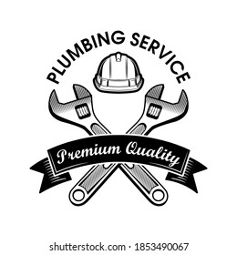 Klempner wrengt Vektorgrafik. Überkreuzt verstellbare Spannmesser, Hardhat und Service-Text auf Band. Planen oder Job-Konzept für Vorlagen für Embleme und Etiketten