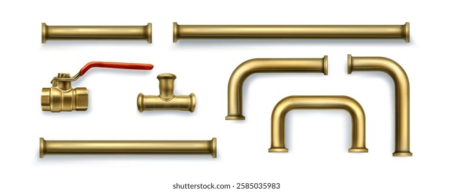 Plumbing 3d brass pipe collection with straight tubes, curved bends, connector joints, control valve with red handle. Realistic golden metallic components with various fittings for bathroom systems.