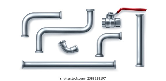Plumbing 3d metal pipe elements set - straight tubes, curved connections and joints, valve with red handle. Chrome steel industrial parts with fittings, corners, elbows for construction design.