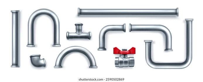 Plumbing 3d metal pipe elements set - straight tubes, curved connections and joints, valve with red handle. Chrome steel industrial parts with fittings, corners, elbows for construction design.