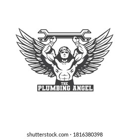 the plumbing angel. logo plumber. service logo. a man with wings angel and wrench. vector illustration