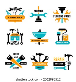 Plumbing badges. Home renovation logo handyman domestic bathroom repair recent vector construction symbols