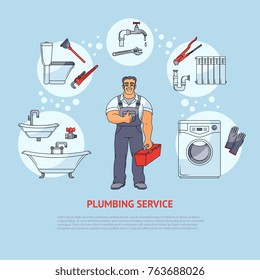 Plumbing banner, poster, leaflet design showing smiling plumber and types of services, cartoon vector illustration isolated on white background. Plumbing services infographics, banner, poster design