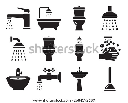 Plumbing and bathroom fixtures solid icon set for water and sanitation showing faucet shower and other symbols for home pipe and drainage systems