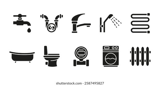 Plumbing bathroom icon set black. Water supply and drainage vector illustration. Faucet, sink and shower concept. Toilet and bathtub symbols. Home sanitation and heating representation glyph.