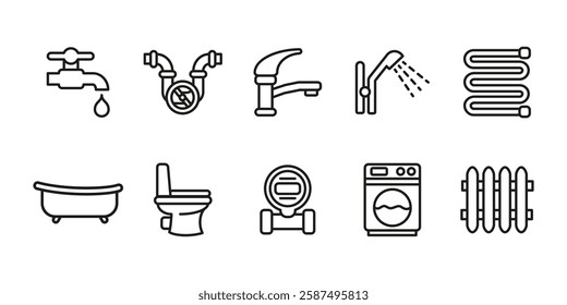 Plumbing bathroom icon set. Water supply and drainage vector illustration. Faucet, sink and shower concept. Toilet and bathtub symbols. Home sanitation and heating representation.