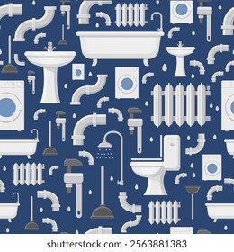 Plumbing and bathroom icons seamless background Washing machine, heating battery, plumber equipment Vector