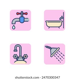 Plumbing in bathroom line icon set. Faucet with valve and drop water, bathtub, tap with hot and cold water, shower head. Water and bathroom interior concept. Vector illustration for web design apps