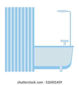 Plumbing for bathroom , tub faucet and shower striped curtain. Icon, background for banners. Vector illustration.
